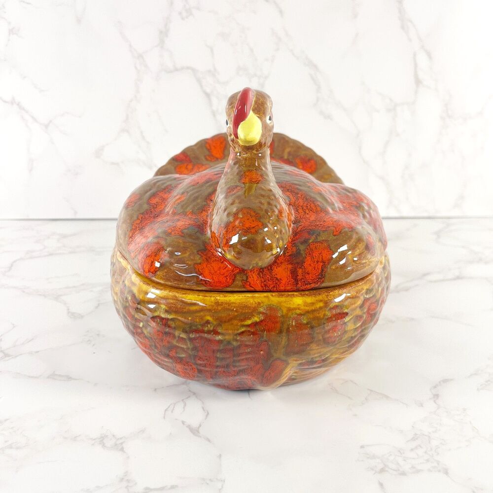 Vintage 1970s Ceramic Turkey Tureen with Lid Drip Glaze Fall Casserole Dish